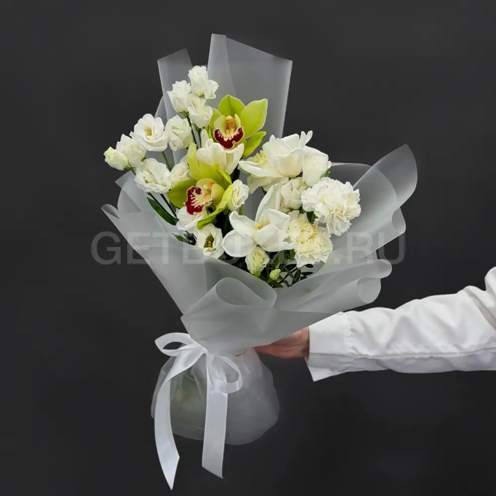 225222 Букет из тюльпан, гвоздик и орхидеи